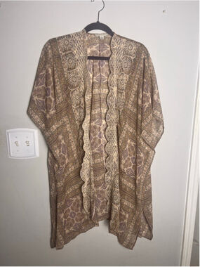 American Eagle Kimono Cardigan Womens XS S Boho Open Front Paisley Lace Trim
